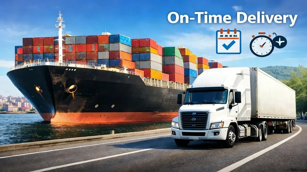 Bulk fertilizer logistics including cargo ship, truck delivery, and global NPK fertilizer supply chain