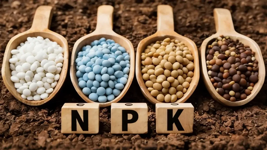 Granular NPK fertilizer in scoops labeled N, P, K, ready for field application