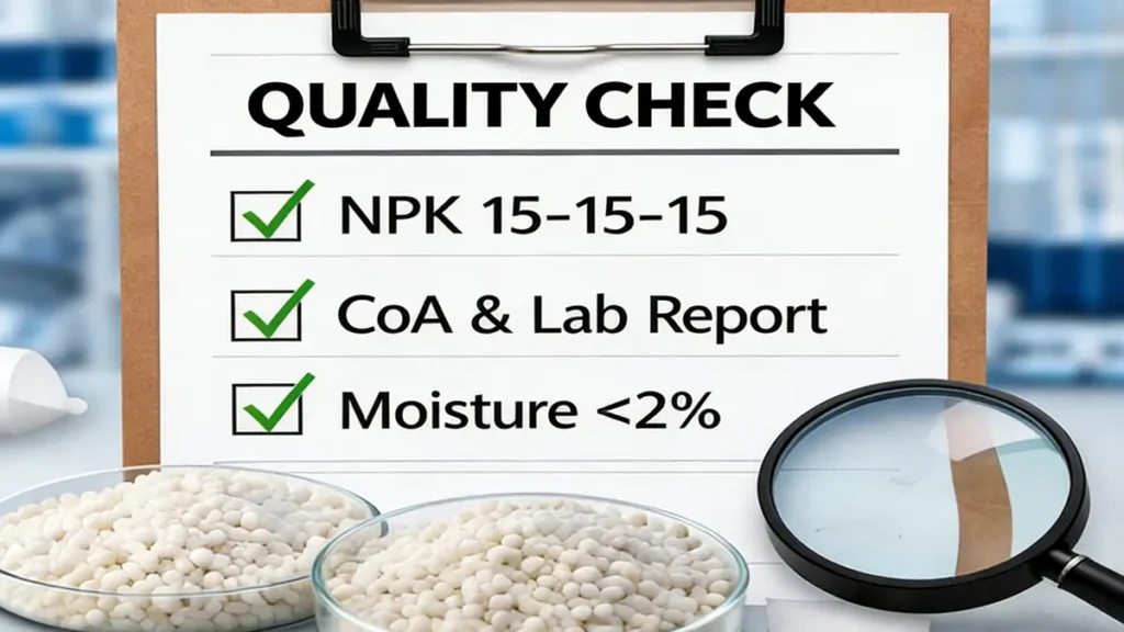 NPK 15-15-15 fertilizer quality inspection with lab testing, certificate of analysis, and sample evaluation