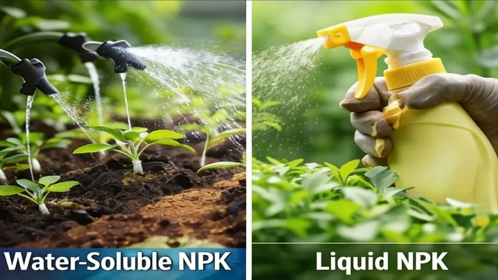 Water-soluble NPK fertilizer dissolving in drip irrigation system in greenhouse with young crops