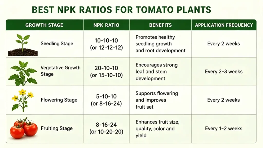 Best NPK fertilizer ratios for tomato plants at seedling flowering and fruiting stages