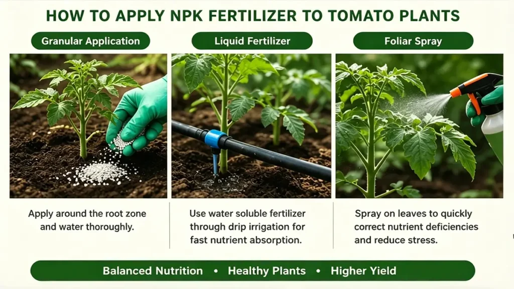 How to apply granular liquid and water soluble NPK fertilizer to tomato plants properly