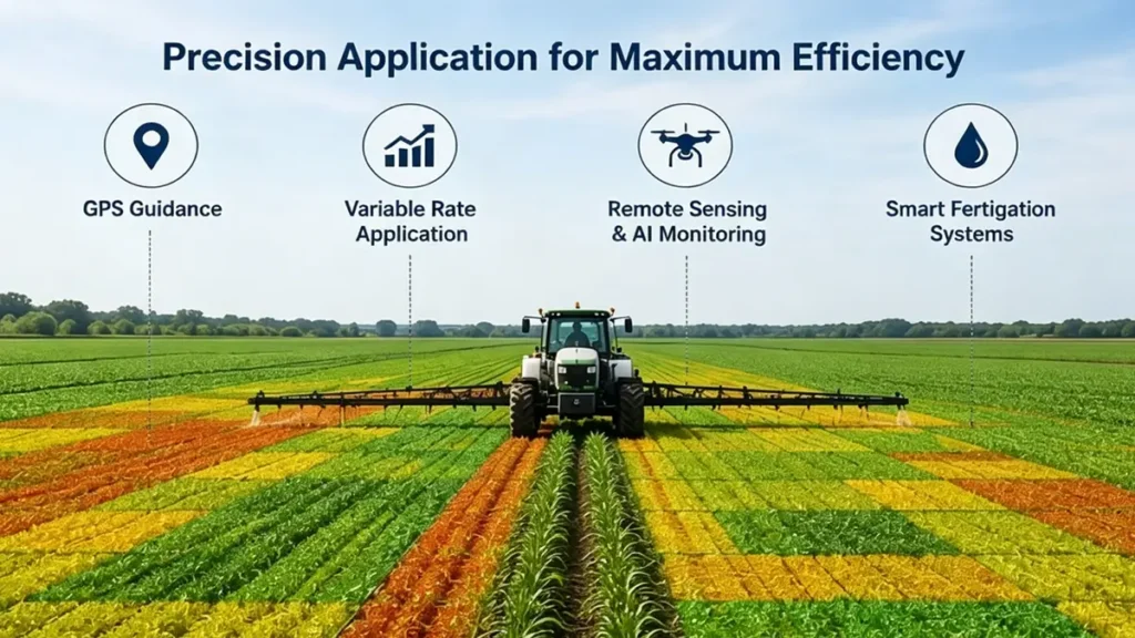 Precision farming equipment applying liquid nitrogen fertilizer with GPS guidance and variable rate technology in agricultural fields