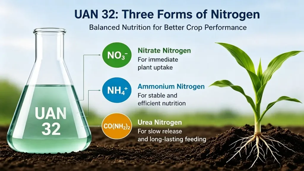 UAN 32 liquid nitrogen fertilizer showing nitrate nitrogen, ammonium nitrogen, and urea nitrogen for efficient crop nutrition