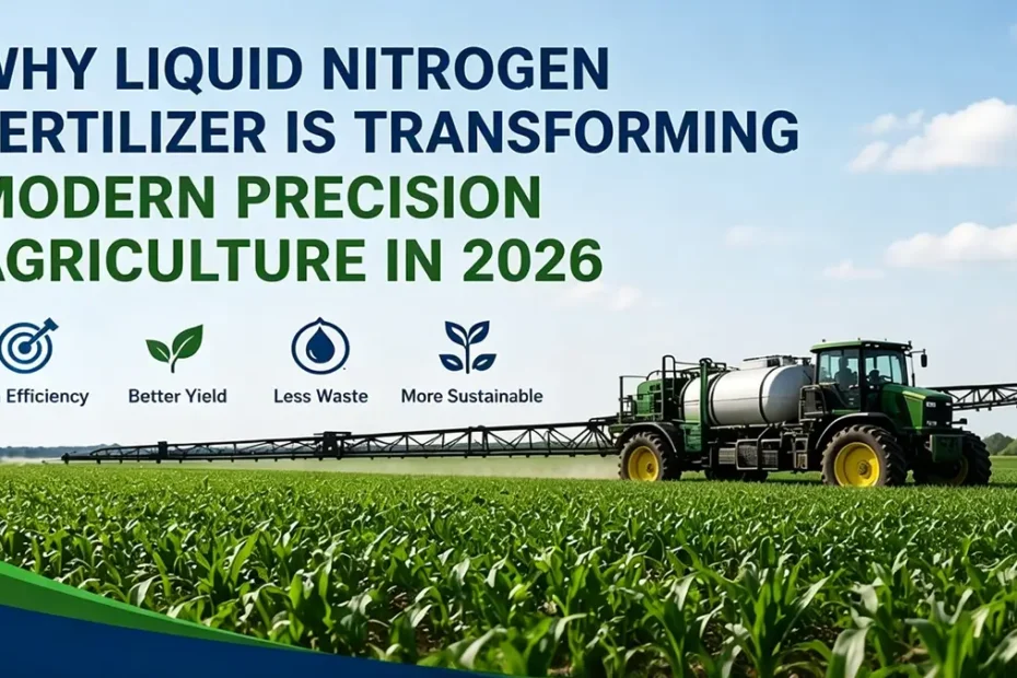Modern precision agriculture field using liquid nitrogen fertilizer and UAN 32 technology for sustainable high-yield crop production in 2026