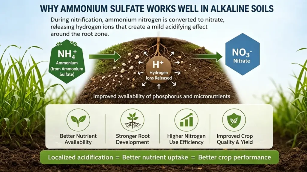 Diagram showing how ammonium sulfate improves nutrient availability through localized root-zone acidification