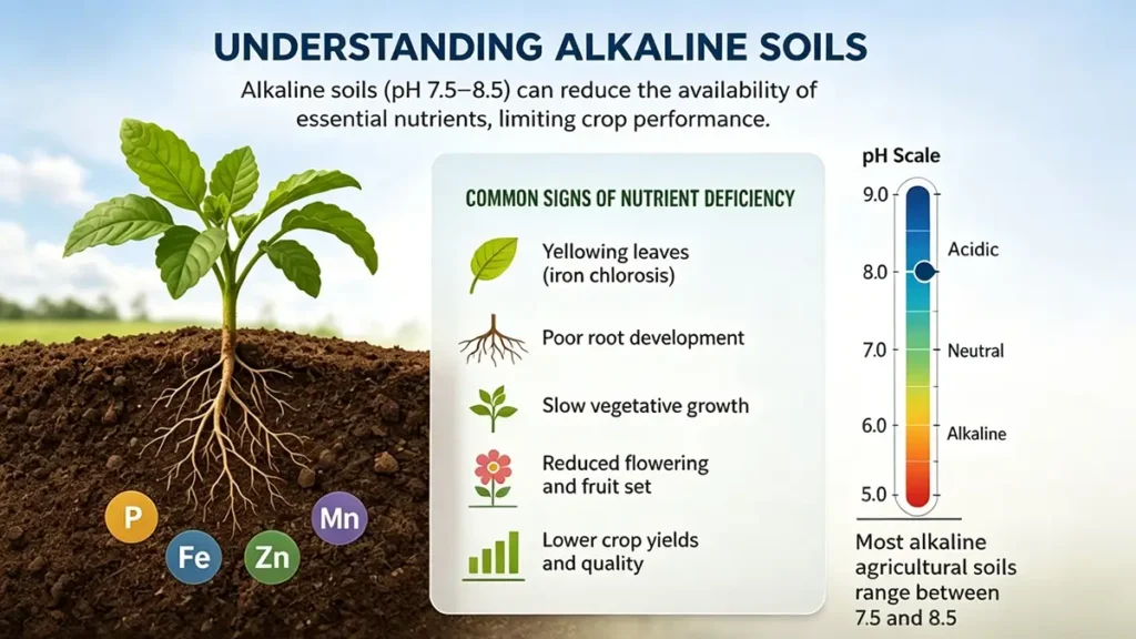 Illustration showing how alkaline soils reduce nutrient availability and cause nutrient deficiencies in crops