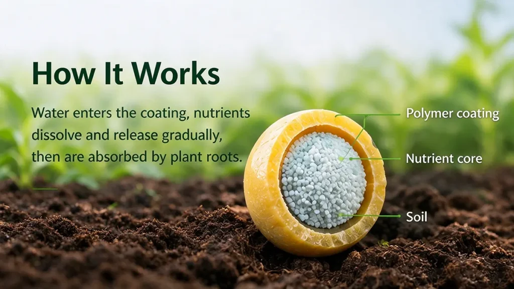 How controlled-release fertilizer works as water enters the coating and nutrients are gradually released into the soil