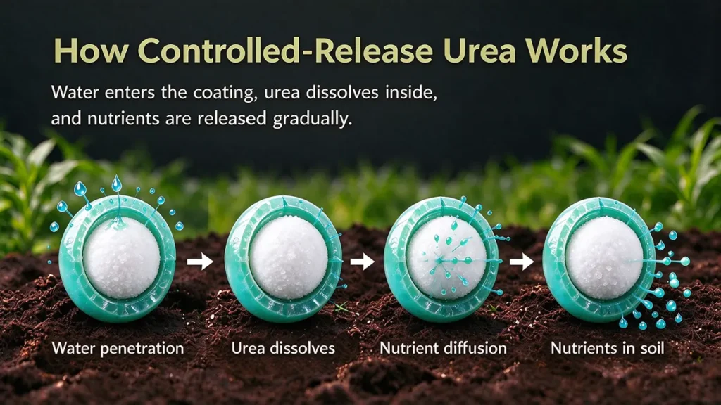 How controlled-release urea works as water enters the coating and nitrogen is gradually released into the soil