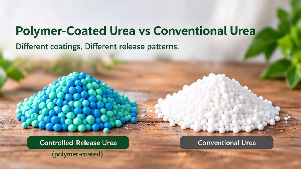 Polymer-coated urea compared with conventional urea to illustrate differences in nitrogen release patterns