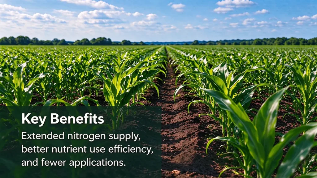 Agricultural field with healthy crop rows illustrating the use of slow-release nitrogen fertilizer