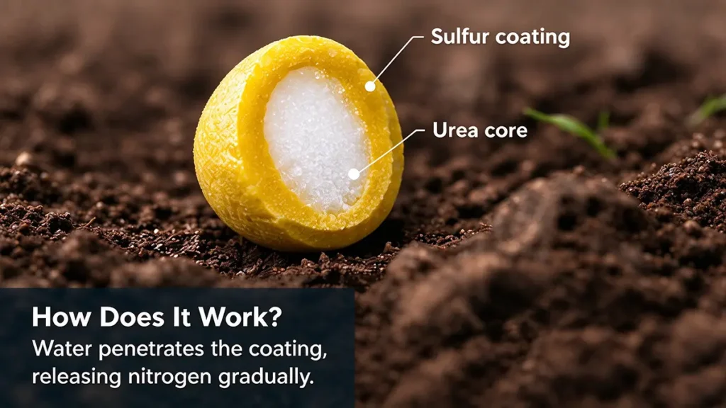 Cross-section of sulfur-coated urea showing the urea core, sulfur coating, and gradual nitrogen release