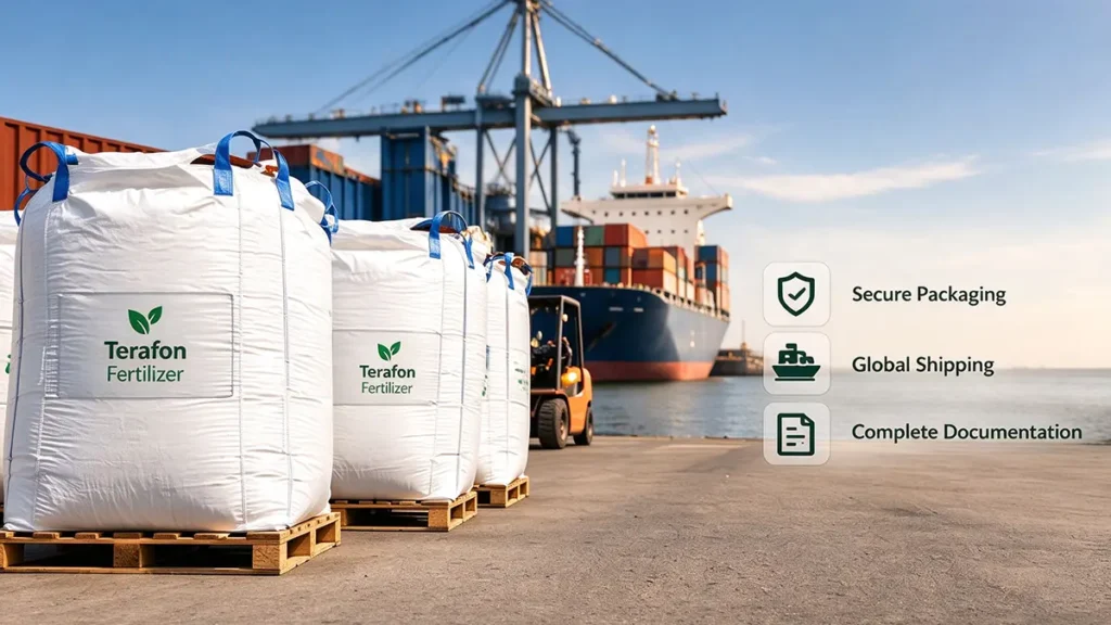 Packaged sulfur-coated urea fertilizer prepared for bulk shipment and international distribution.