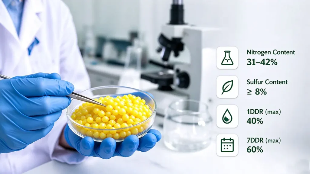 Laboratory testing of sulfur-coated urea for nitrogen content, sulfur content, dissolution rate, and particle size.