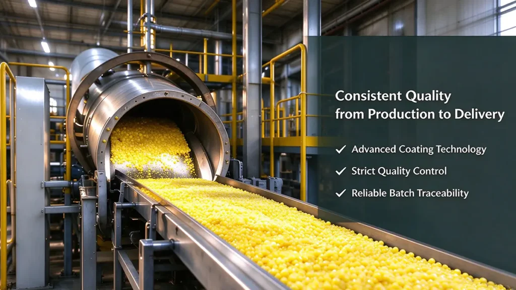 Sulfur-coated urea manufacturing and quality control, including coating consistency and fertilizer granule inspection.