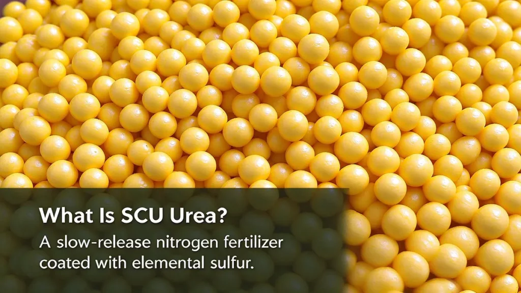 Yellow sulfur-coated urea (SCU) fertilizer granules with an elemental sulfur coating
